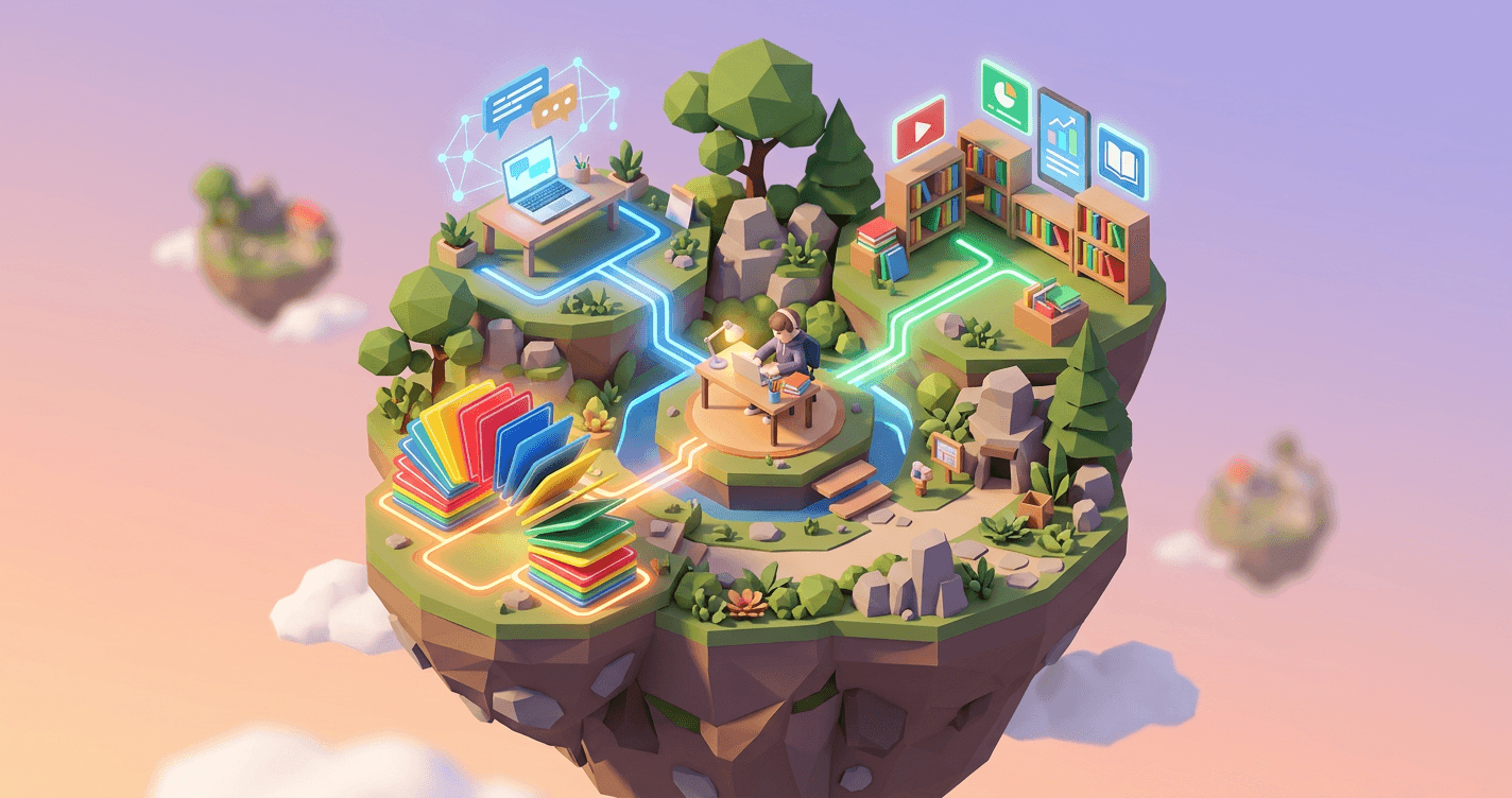 Isometric 3D floating island diorama with study zones for AI chatbots, learning platforms, flashcards, and a student desk connected by glowing pathways