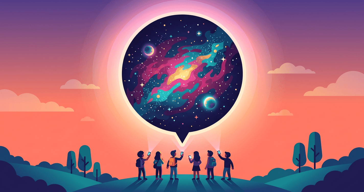 Bold flat illustration of a giant glowing speech bubble containing a swirling galaxy, with silhouetted student figures on a rolling hill looking up at it under a coral-to-purple twilight sky