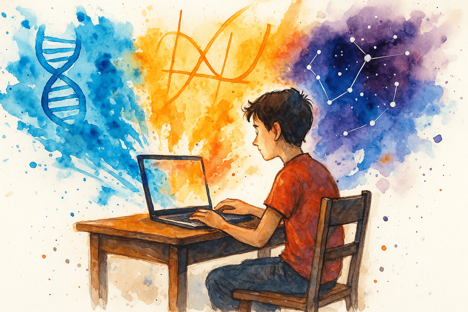 Watercolor painting of a student at a desk with vibrant knowledge shapes radiating from a laptop screen