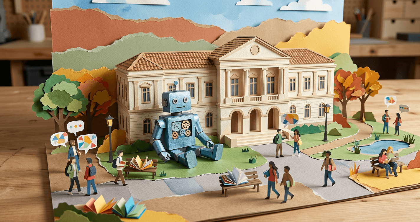 Paper craft collage of a university campus with layered cut paper buildings and a friendly blue robot