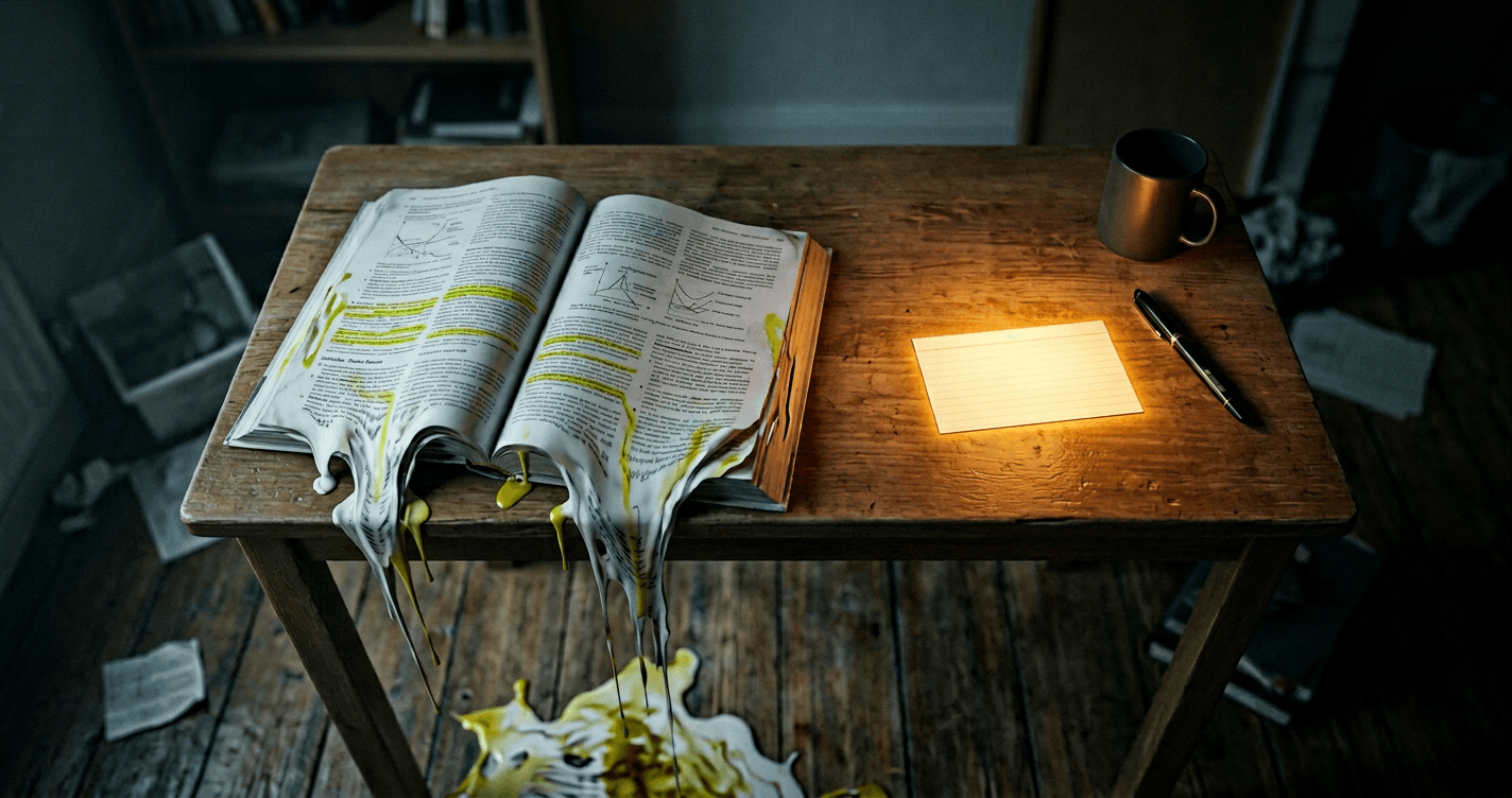 Fading highlighter streaks contrasted with glowing neural connections forming through active recall